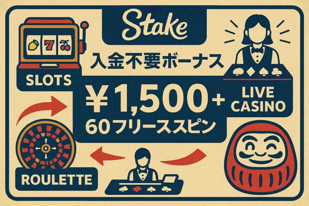 Stakeの入金不要ボーナスとフリースピン特典のイメージ
