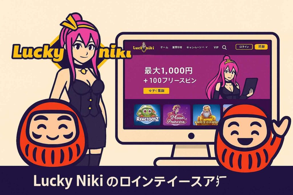 Lucky Nikiオンラインカジノのロゴとアニメキャラ付きインターフェース