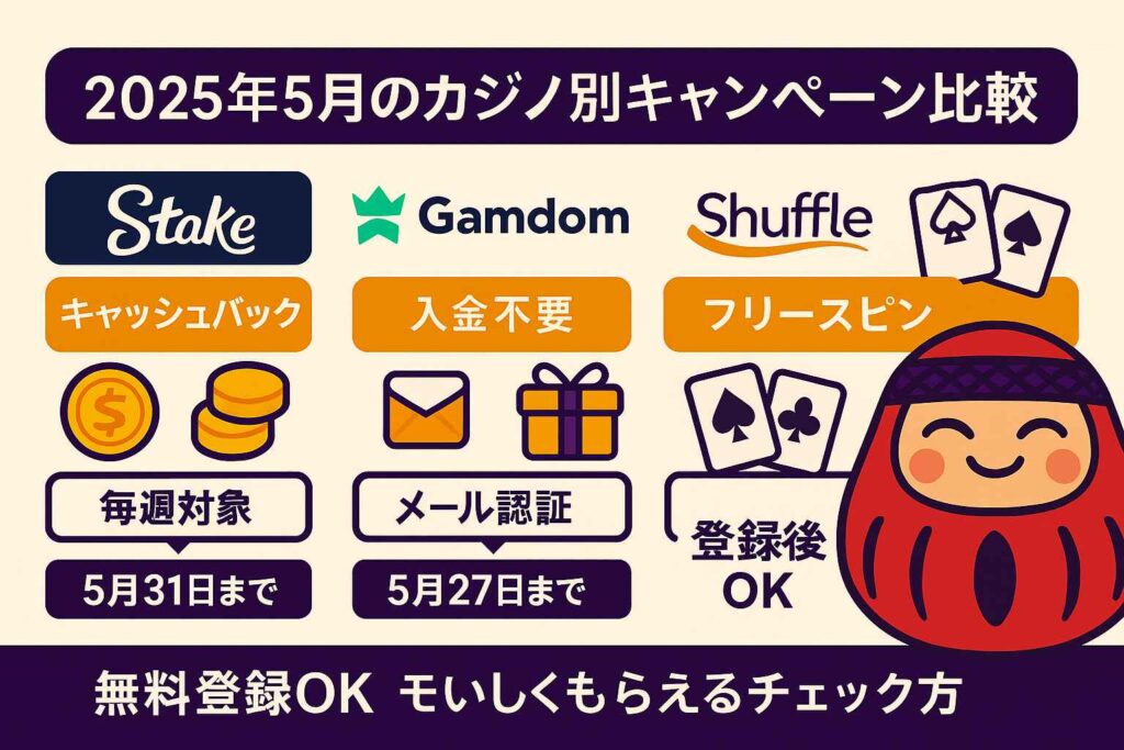 2025年5月のカジノ別キャンペーン比較表(Stake・Gamdom・Shuffle)