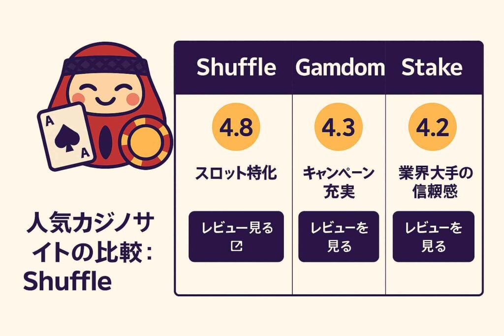 人気カジノサイトの比較:Shuffle・Gamdom・Stake