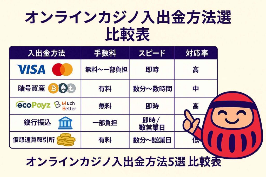 オンラインカジノ入出金方法5選 比較表|手数料・スピード・対応率