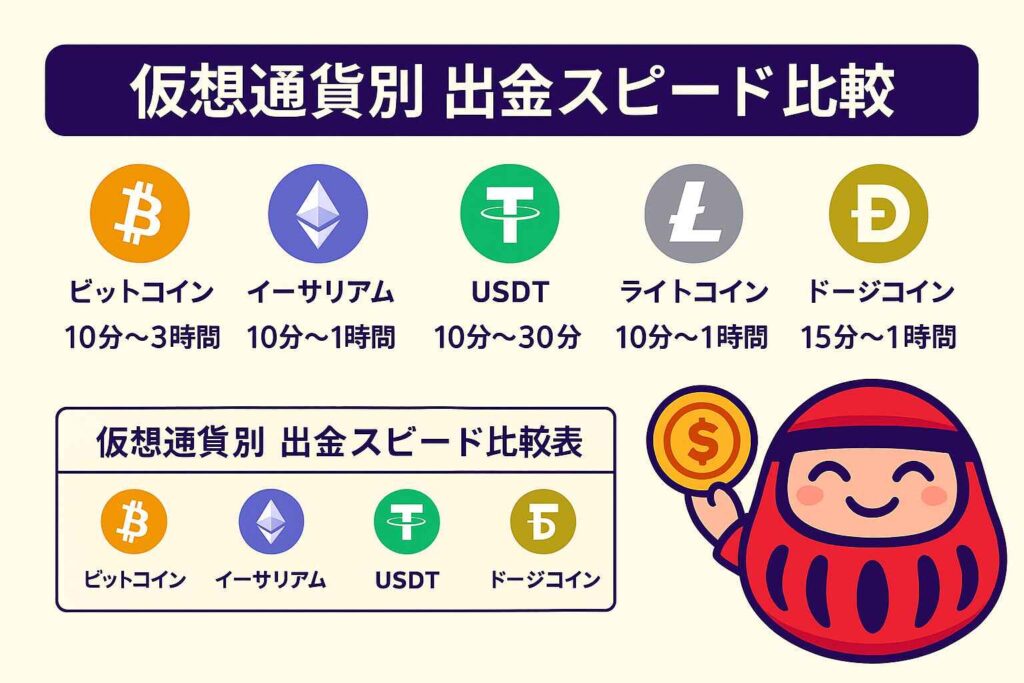 仮想通貨別 出金スピード比較表|ビットコイン・イーサリアム・USDTなど