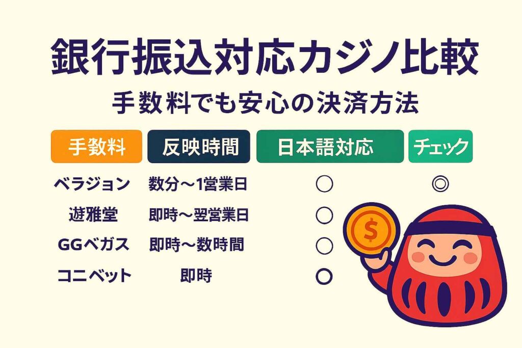 銀行振込対応カジノ比較|手数料・反映時間・日本語対応チェック