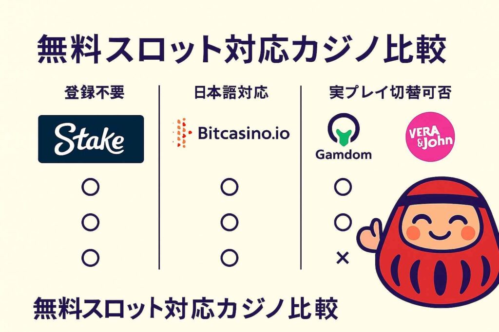 無料スロット対応カジノ比較|登録不要・日本語対応・実プレイ切替可否