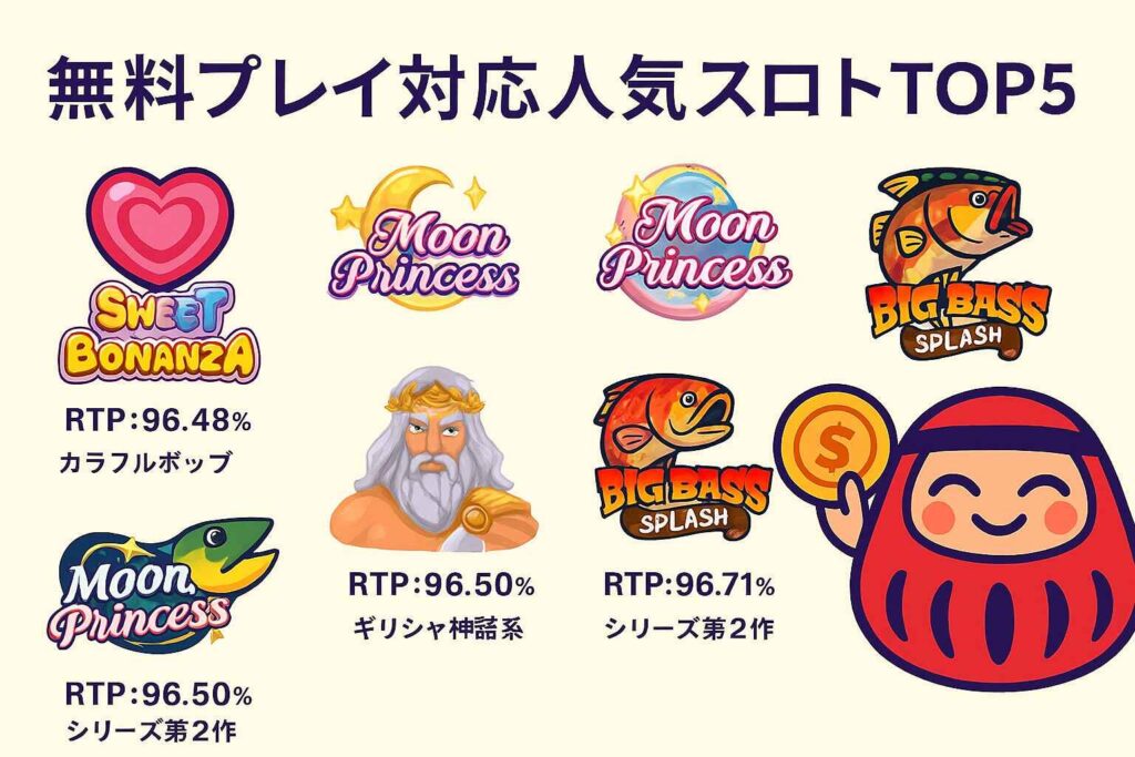 無料プレイ対応人気スロットTOP5|RTP・特徴まとめ(Sweet Bonanza / Moon Princessなど)