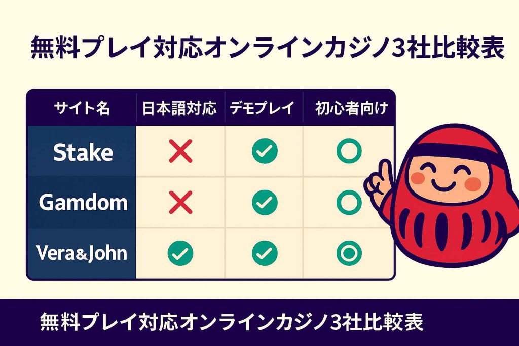 無料プレイ対応オンラインカジノ3社比較表|Stake・Gamdom・Vera&John
