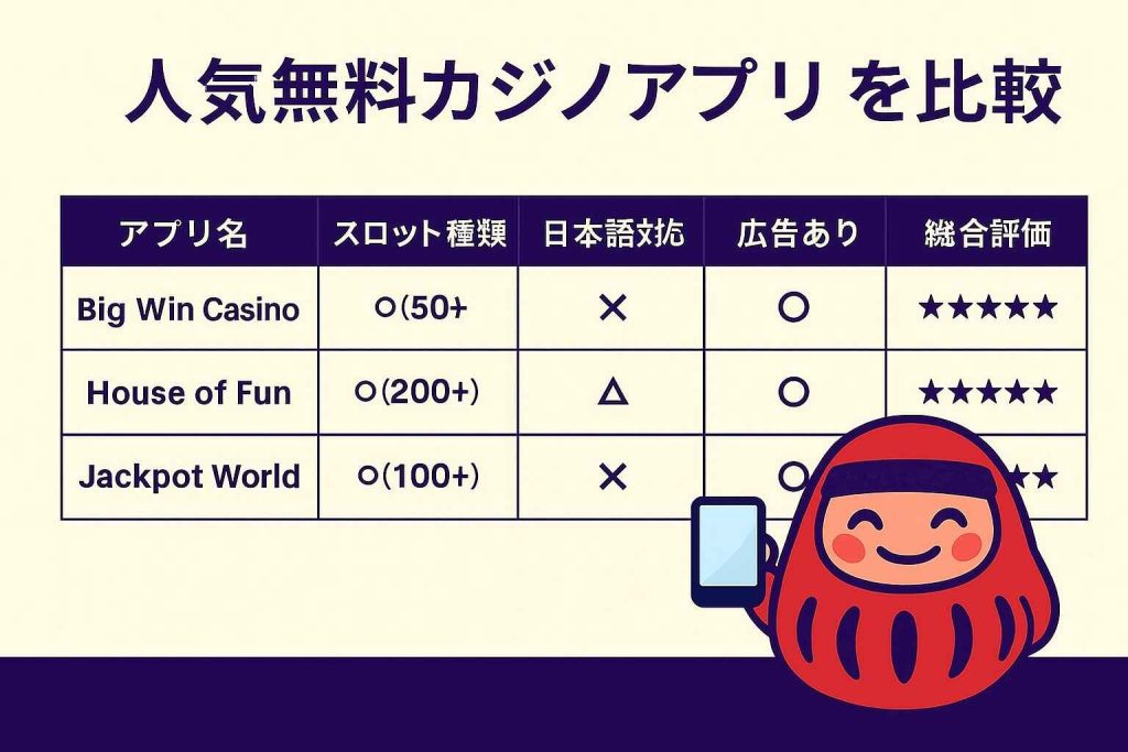 人気無料カジノアプリ3選を比較|スロット数・広告・登録有無・評価