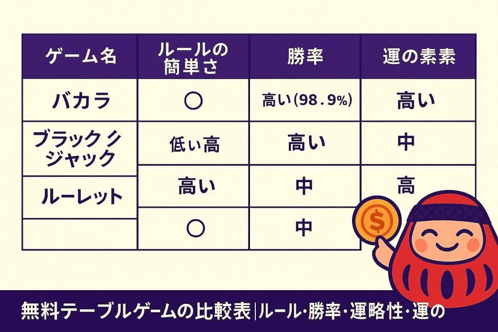 無料テーブルゲームの比較表|ルール・勝率・戦略性・運のバランスをチェック