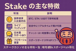 ステークカジノの主な特徴一覧｜暗号通貨＆スポーツベット特化