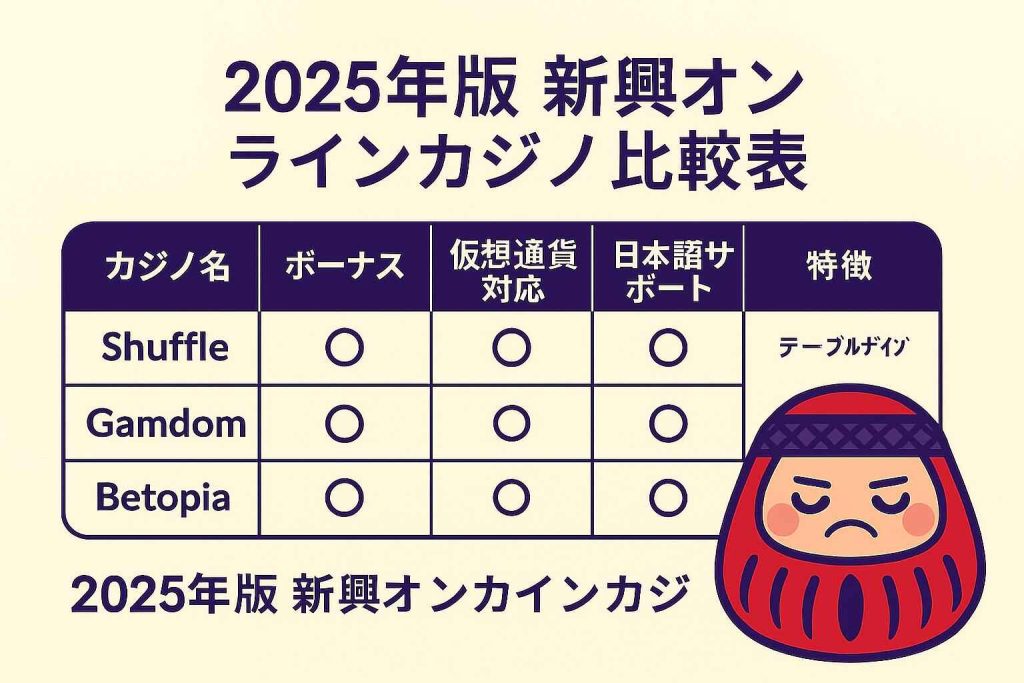2025年注目の新興オンラインカジノ3社を徹底比較|機能・対応状況・特典一覧