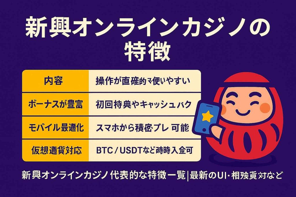 新興オンラインカジノの代表的な特徴一覧|最新のUI・仮想通貨対応など