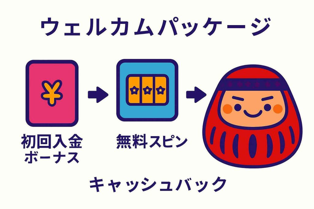 オンラインカジノのウェルカムパッケージ内容を図解で示したイラスト