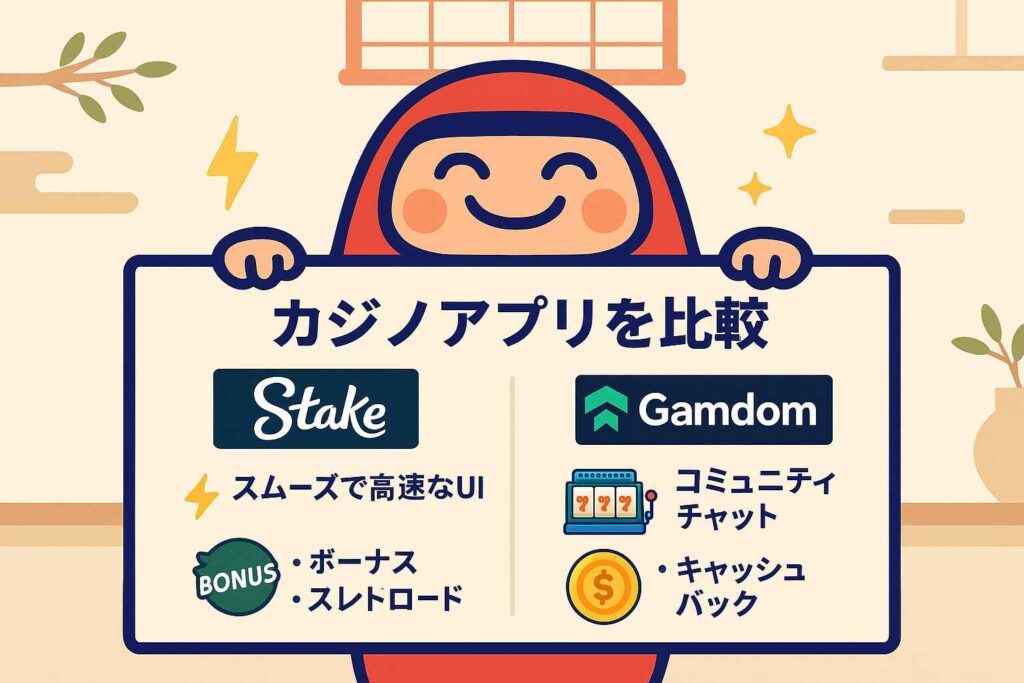 StakeとGamdomのオンラインカジノアプリ比較イメージ