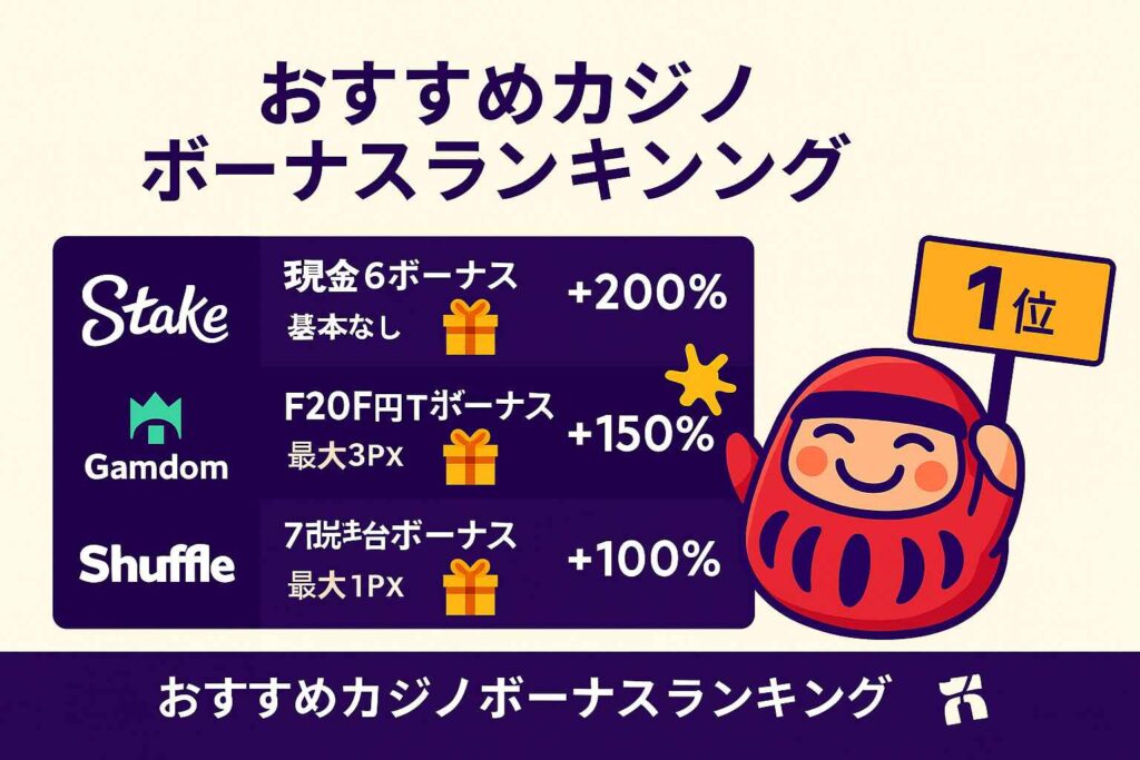 おすすめカジノボーナスランキング(Stake / Gamdom / Shuffle)