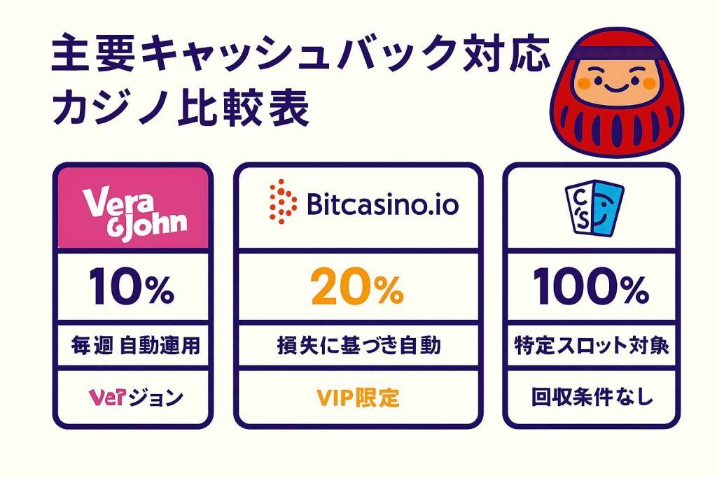 ベラジョン、ビットカジノ、カジノシークレットのキャッシュバック内容比較
