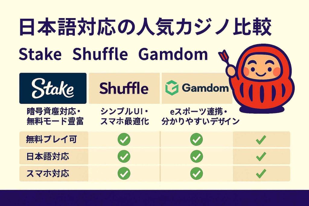日本語対応の人気カジノ比較|Stake・Shuffle・Gamdom
