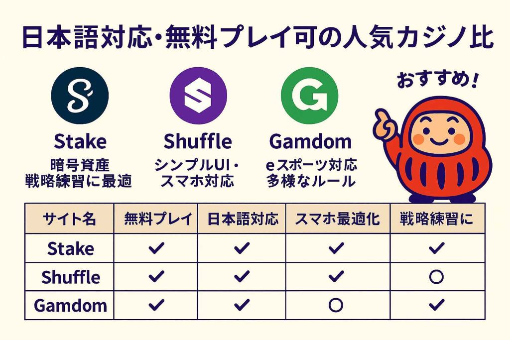 日本語対応・無料プレイ可の人気カジノ比較|Stake・Shuffle・Gamdom