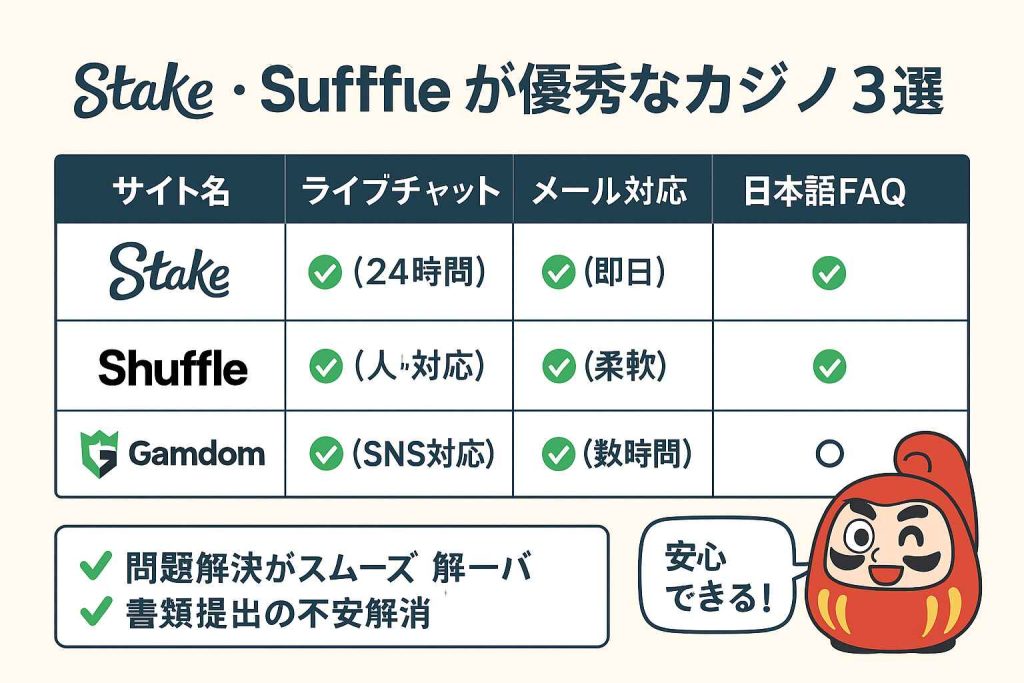 Stake・Shuffle・Gamdomの日本語対応比較