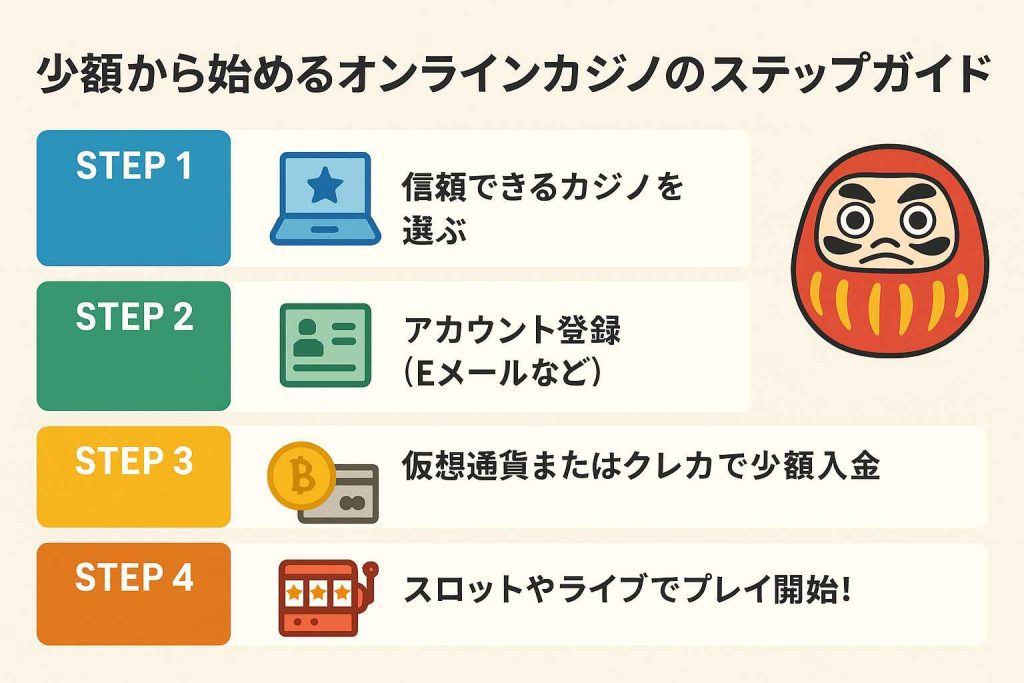 オンラインカジノを低リスクで始める手順を図で説明画像内容の説明: